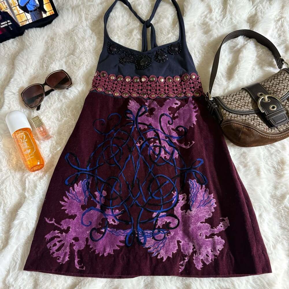 Free People Halter Mini Dress Size 6 Purple Embellished Velour Gypsy